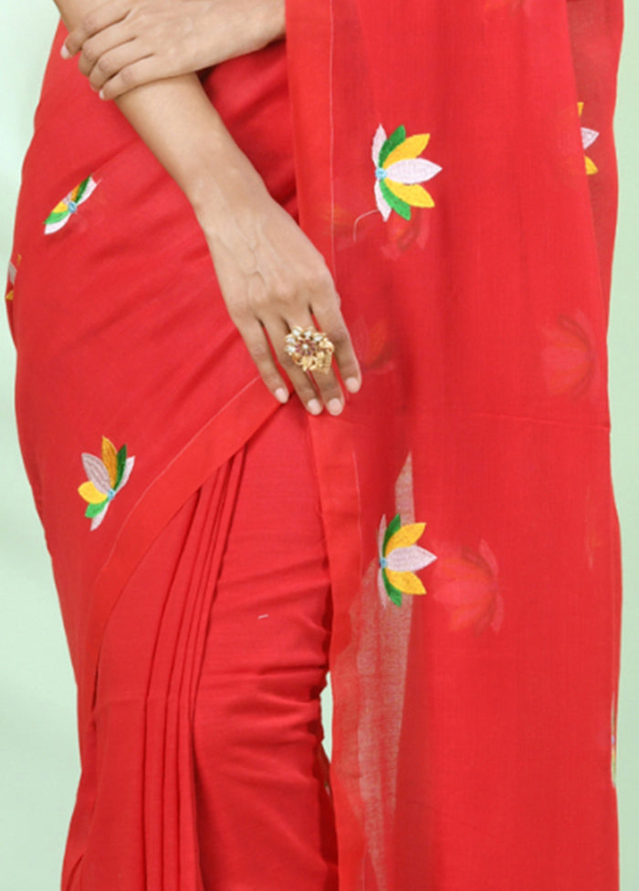 Red Cotton Saree With Blouse Piece Outlet Amazon