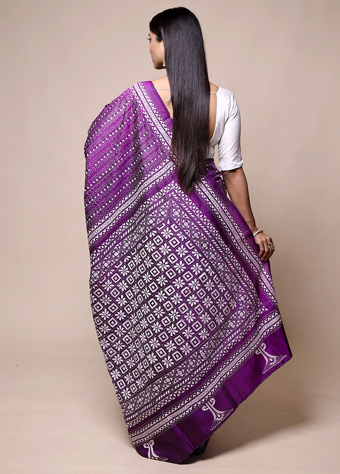 Purple Handloom Kantha Stitch Pure Silk Saree With Blouse Piece Clearance Very Cheap