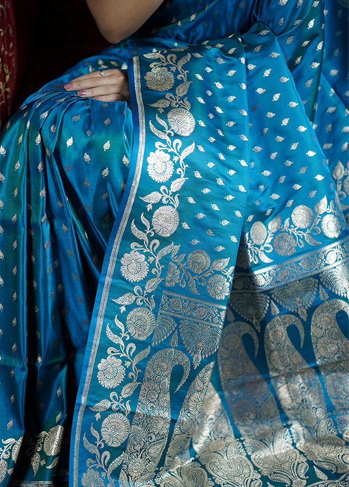 Blue Handloom Banarasi Pure Silk Saree With Blouse Piece Cheap For Cheap