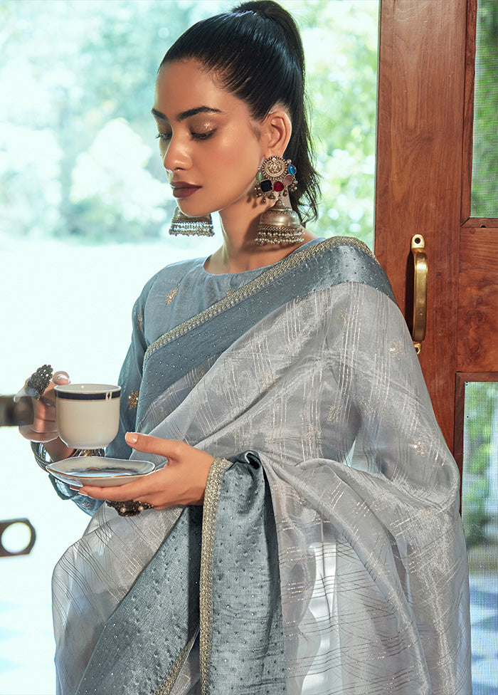 Grey Organza Saree With Blouse Piece Cheap New Arrival