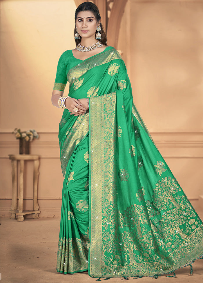 Green Spun Silk Saree With Blouse Piece Cheap Best Sale