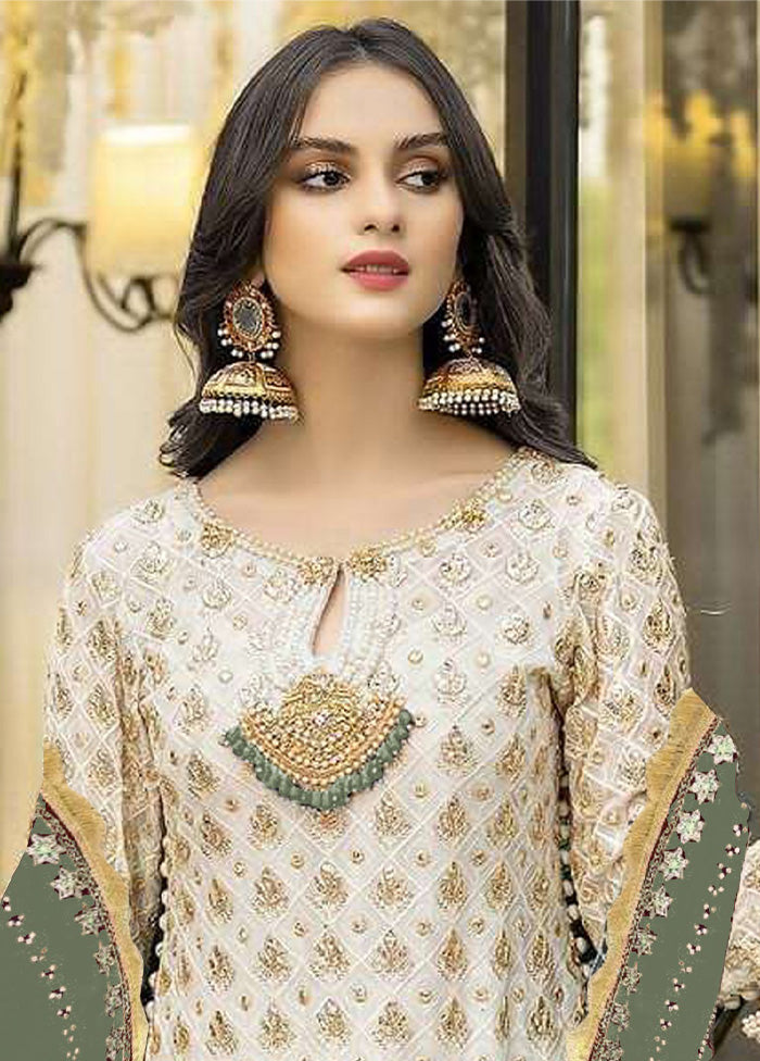 3 Pc Cream Semi Stitched Georgette Suit Set With Mastercard Cheap Online