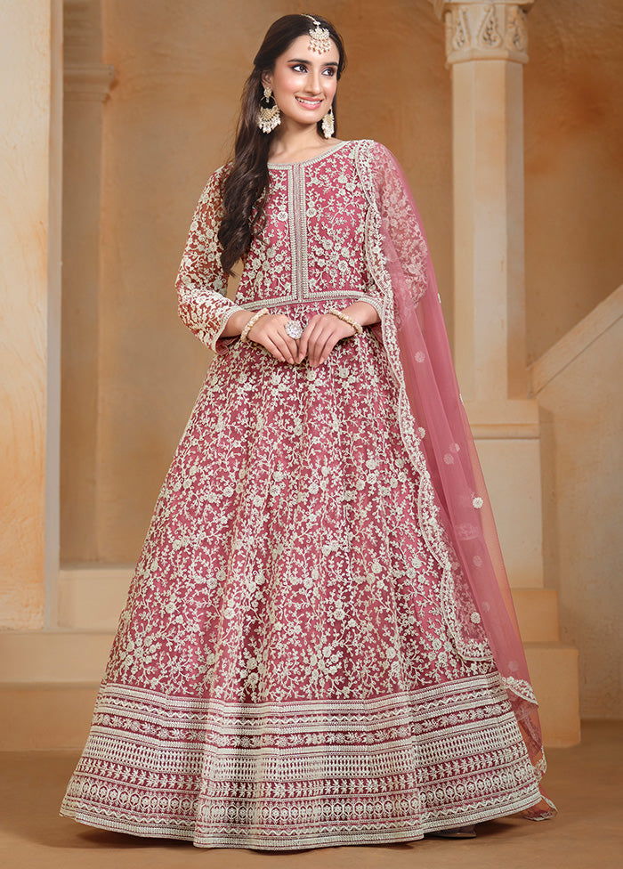 3 Pc Pink Semi Stitched Net Suit Set Low Pice