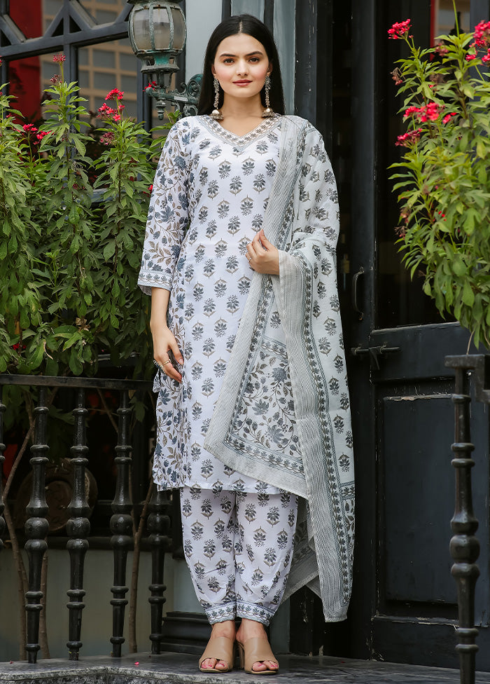 3 Pc Grey Readymade Cotton Dupatta Suit Set Online Cheap Pice