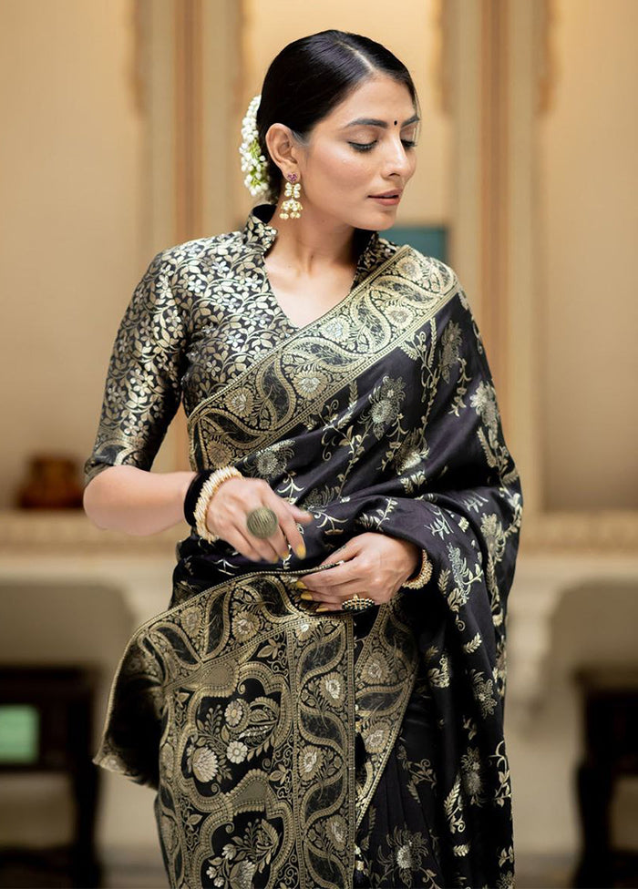 Black Banarasi Silk Saree With Blouse Piece Outlet Deals