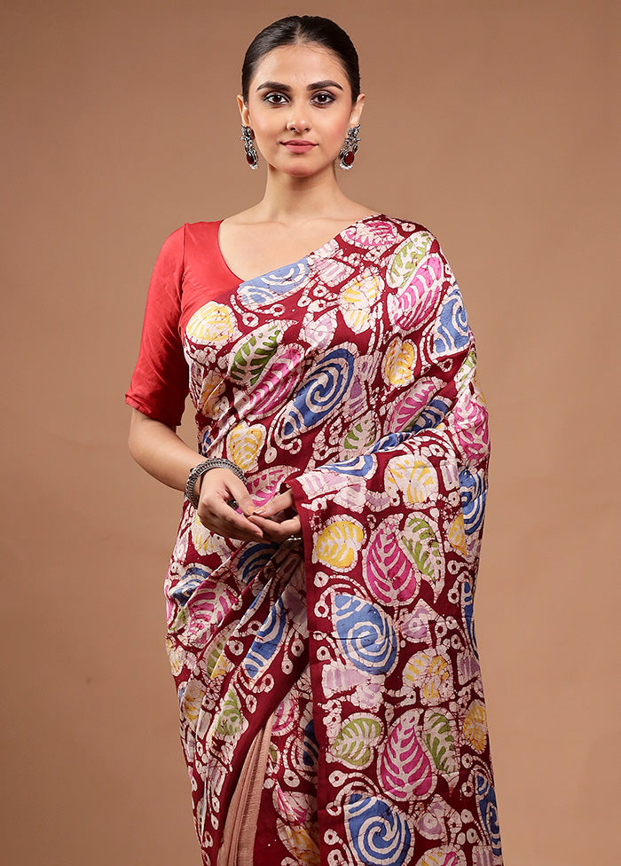 Maroon Printed Pure Silk Saree Without Blouse Piece Limited Edition Online