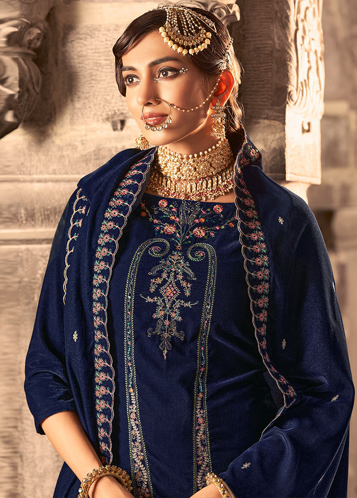 3 Pc Navy Blue Unstitched Velvet Suit Set Sale Top Quality