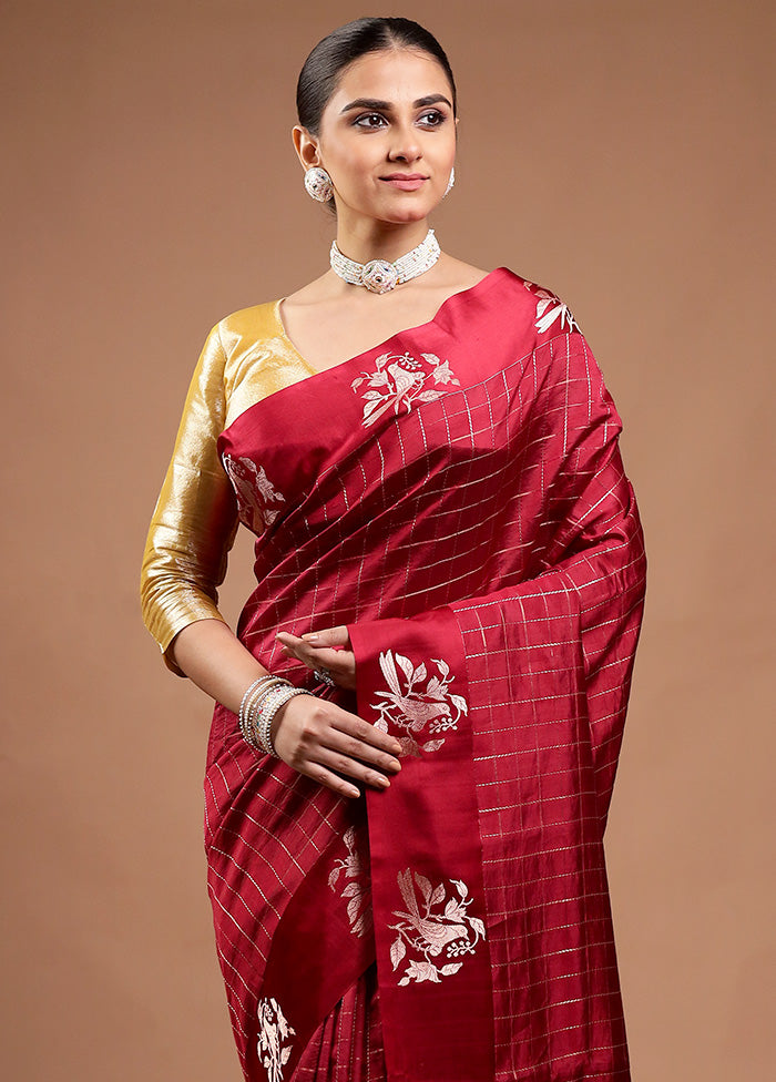 Maroon Handloom Katan Pure Silk Saree With Blouse Piece Discount For Cheap