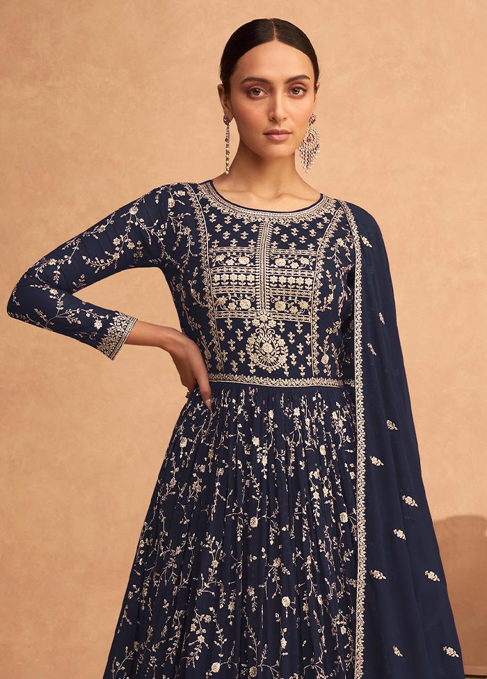 3 Pc Navy Blue Semi Stitched Georgette Suit Set Cheap With Credit Card