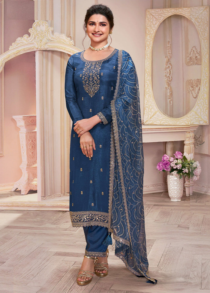 3 Pc Blue Semi Stitched Georgette Suit Set Latest Collections Cheap Pice