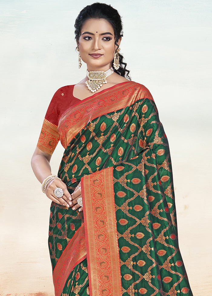 Bottle Green Dupion Silk Saree With Blouse Piece Cheap Sale New Arrival