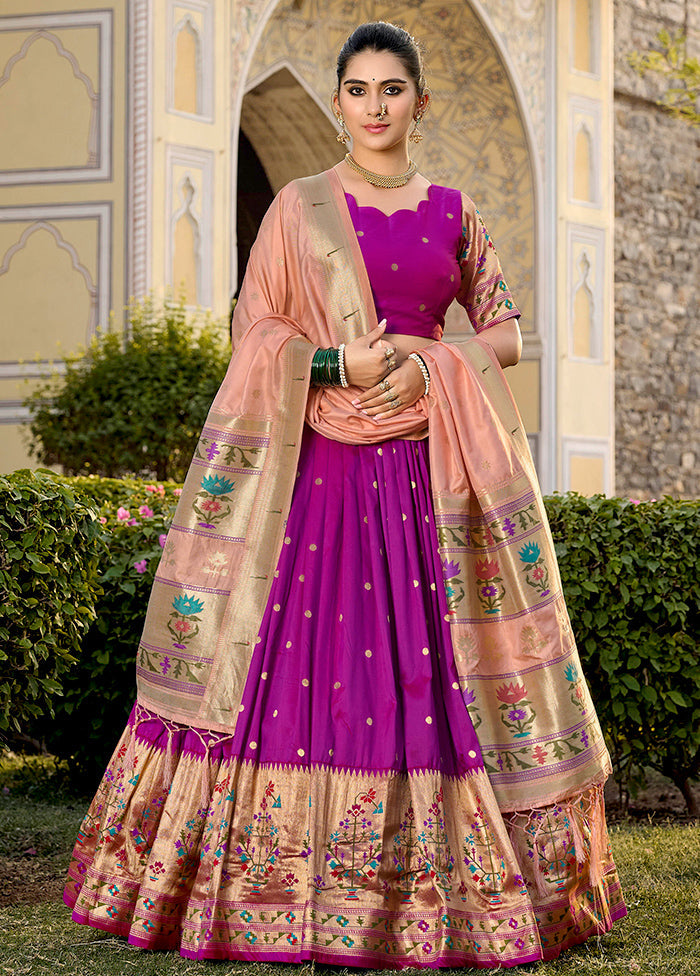 3 Pc Purple Silk Semi Stitched Lehenga Set Sale Cheap Online