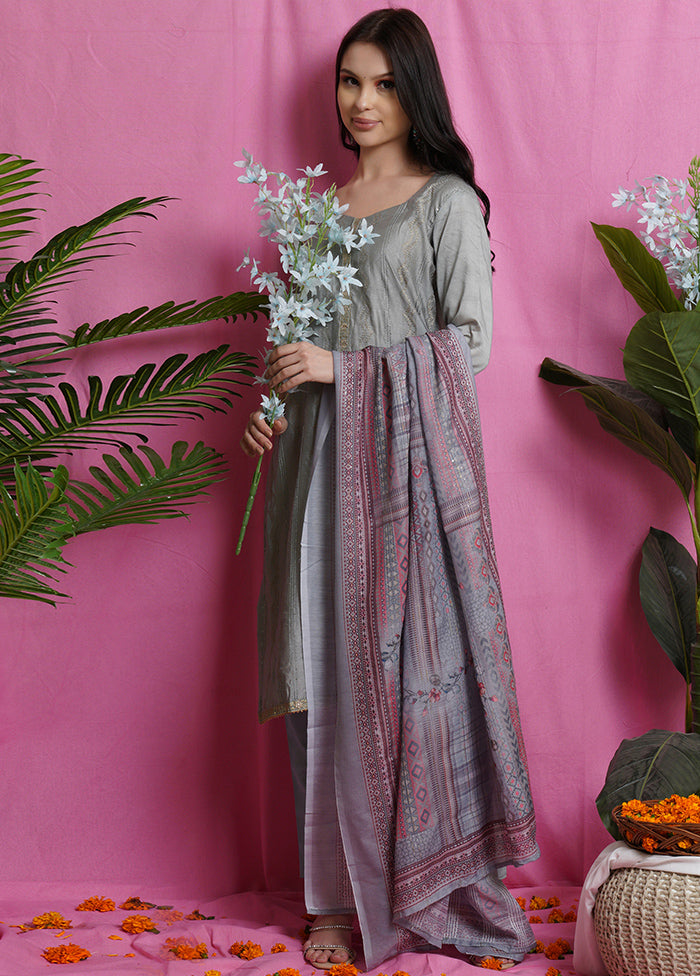 3 Pc Grey Unstitched Silk Suit Set Buy Cheap Pices