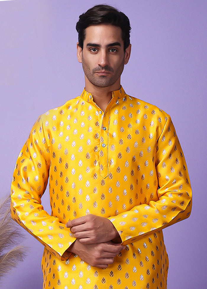 Yellow Silk Jacquard Knee Length Kurta Low Pice Fee Shipping Online