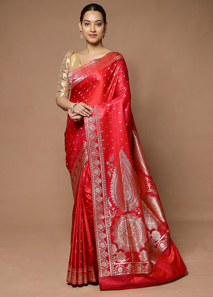 Red Banarasi Silk Saree With Blouse Piece Visa Payment For Sale