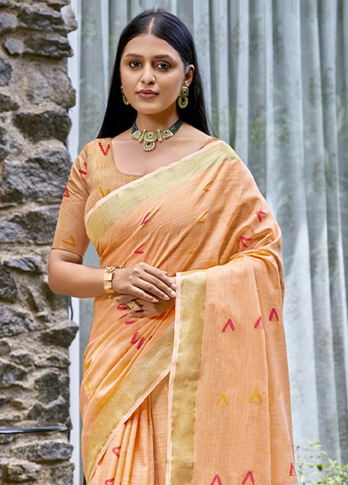 Peach Cotton Saree With Blouse Piece Discount Pay With Visa