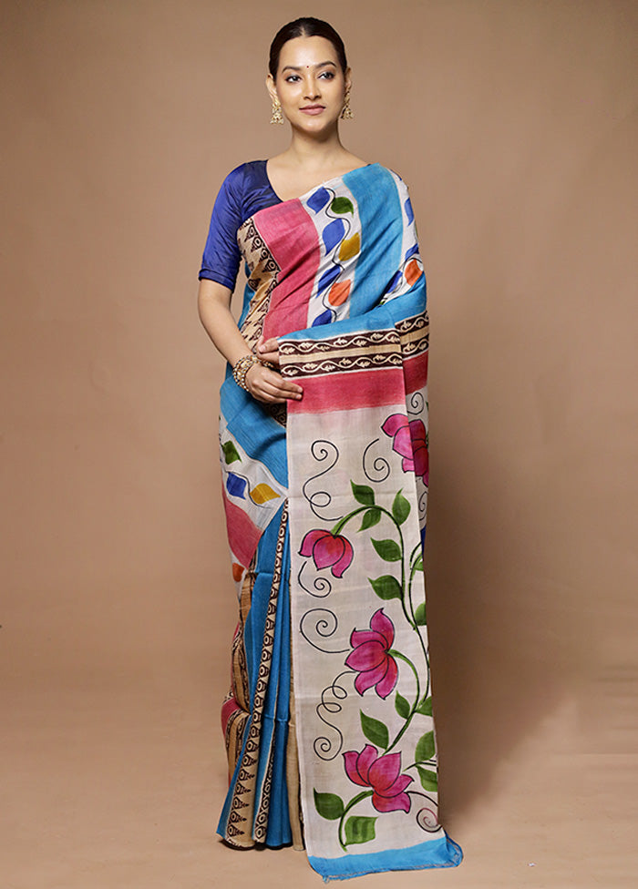 Blue Printed Pure Silk Saree Without Blouse Piece Clearance Manchester