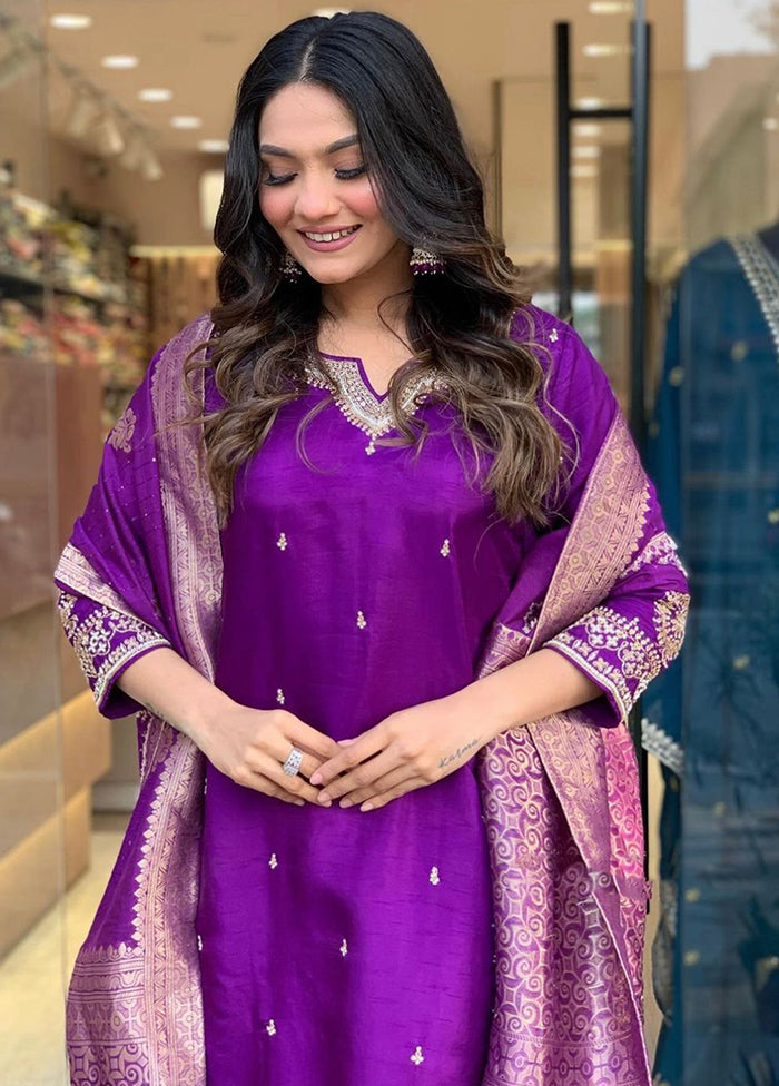 3 Pc Purple Readymade Silk Suit Set Buy Cheap Browse