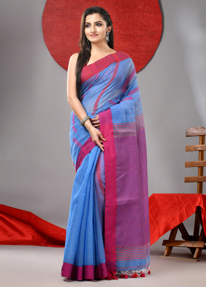 Sky Blue Cotton Saree With Blouse Piece For Sale Free Shipping