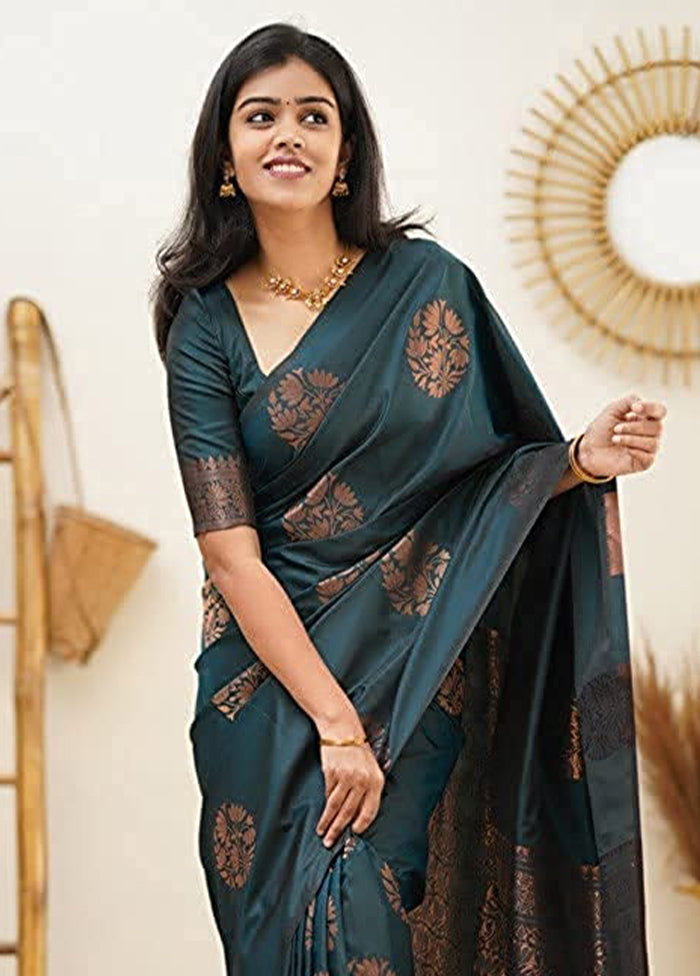 Teal Banarasi Silk Saree With Blouse Piece Pre Order For Sale