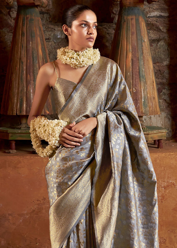 Grey Banarasi Silk Saree With Blouse Piece Buy Cheap Clearance