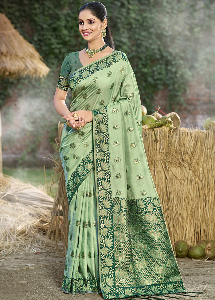 Light Green Spun Silk Saree With Blouse Piece Discount 2025 Newest