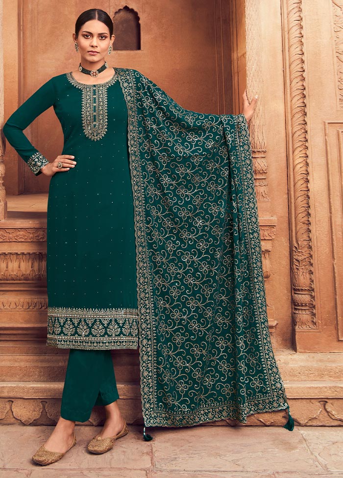 3 Pc Teal Green Semi Stitched Georgette Suit Set Limited Edition Cheap Pice