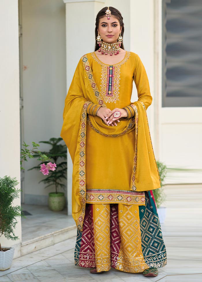 3 Pc Mustard Semi Stitched Georgette Suit Set Sale 2025 Unisex