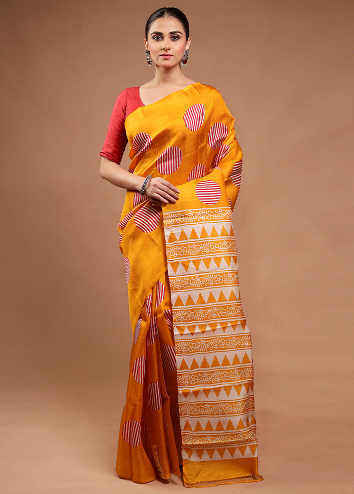 Yellow Printed Pure Silk Saree Without Blouse Piece Cheapest Pice