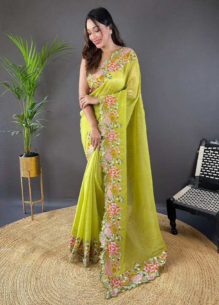 Green Spun Silk Saree With Blouse Piece Cheap Sale Geniue Stockist