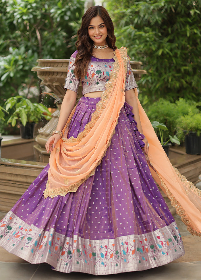 3 Pc Purple Silk Semi Stitched Lehenga Set Order