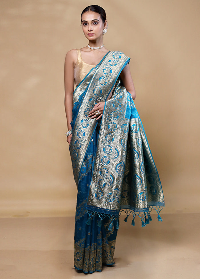 Blue Organza Saree With Blouse Piece Visit Cheap Pice