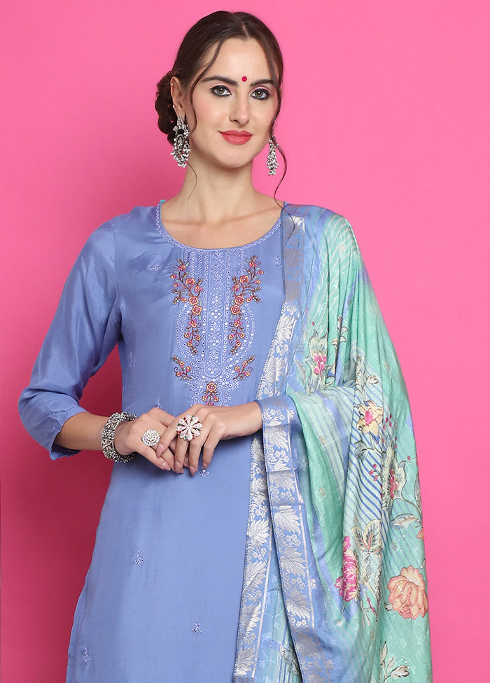 3 Pc Blue Unstitched Silk Suit Set Wide Range Of Online