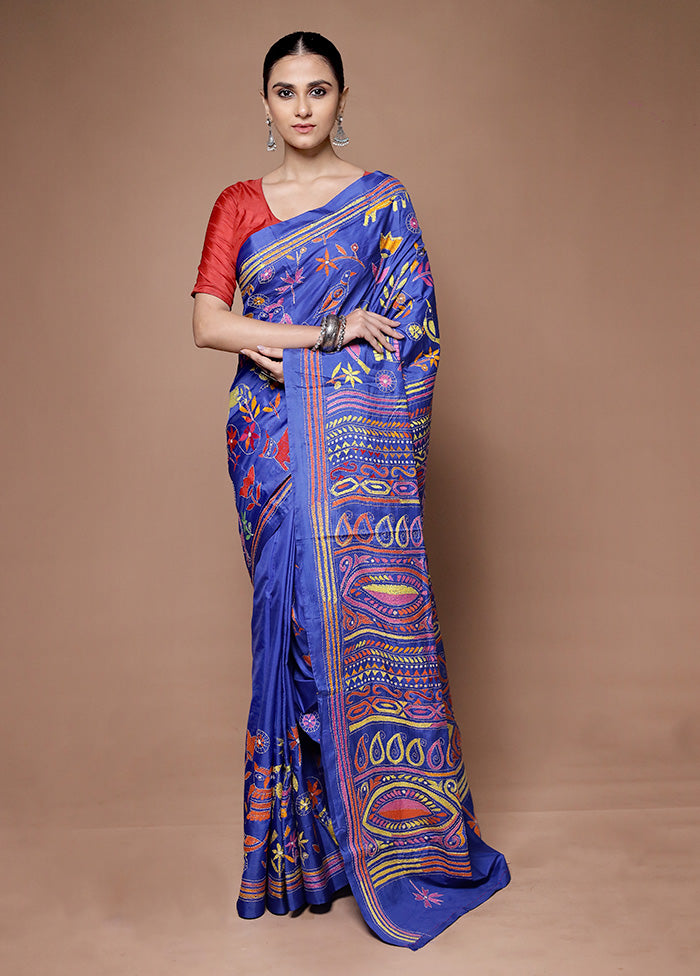 Blue Kantha Stitch Silk Saree With Blouse Piece Buy Cheap Choice