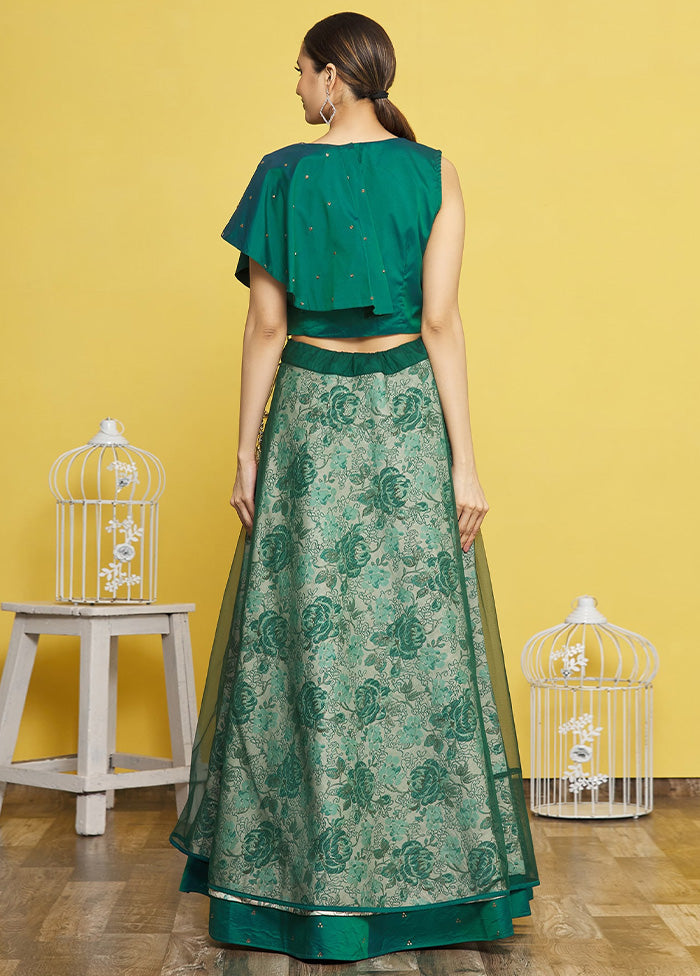 3 Pc Green Silk Semi Stitched Lehenga Set Outlet Great Deals