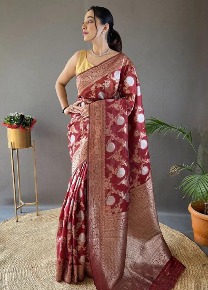 Maroon Banarasi Silk Saree With Blouse Piece Fashionable