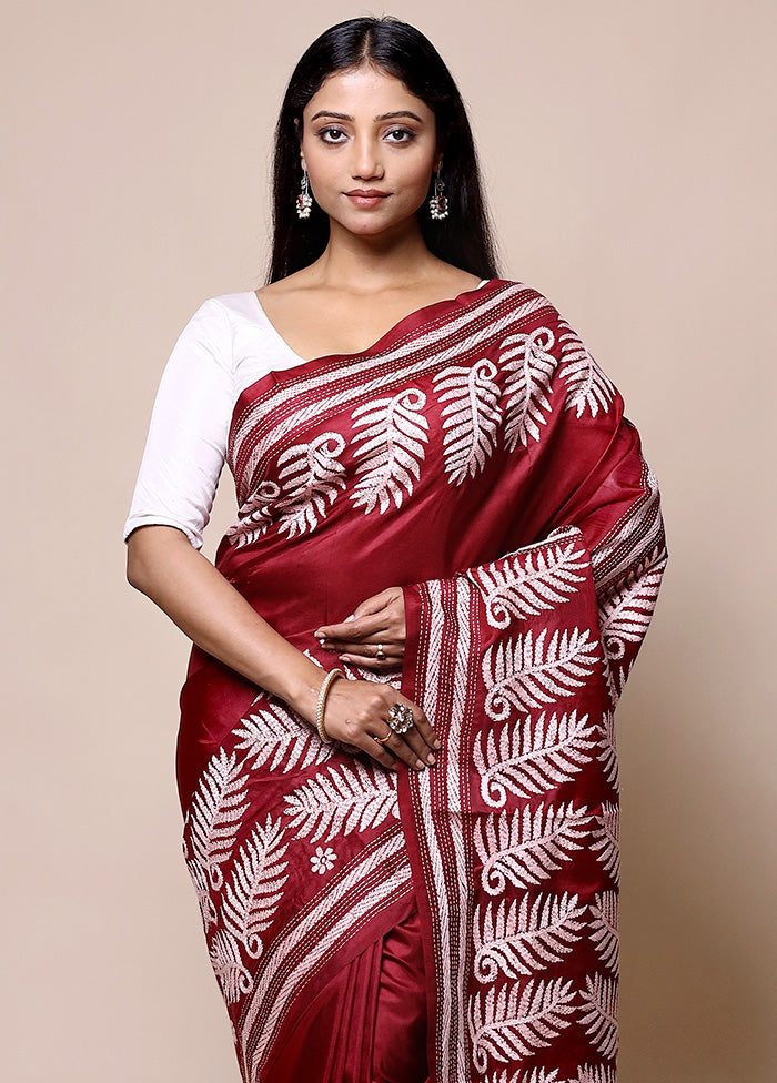 Red Handloom Kantha Stitch Pure Silk Saree With Blouse Piece Outlet New Arrival