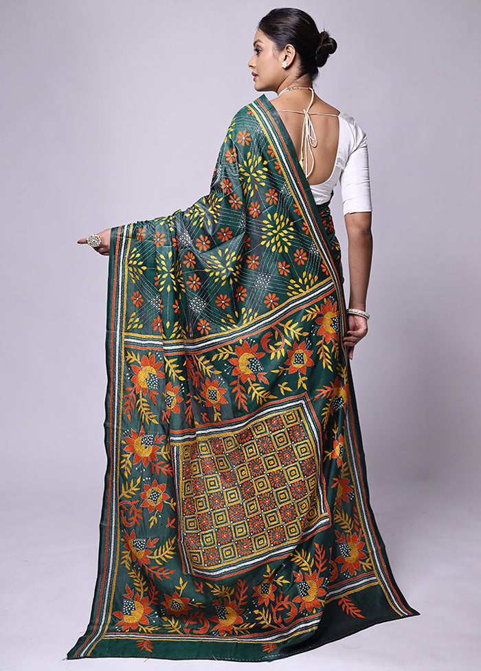 Green Kantha Stitch Silk Saree With Blouse Piece Sale Extremely