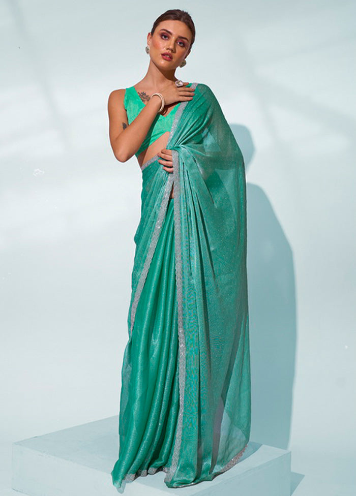 Sea Green Chiffon Silk Saree With Blouse Piece Clearance Visit New