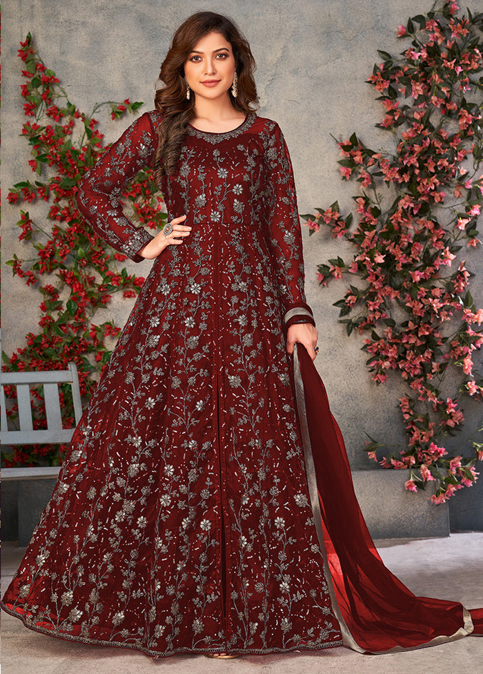 3 Pc Maroon Semi Stitched Net Suit Set Cheap Sale 100% Authentic