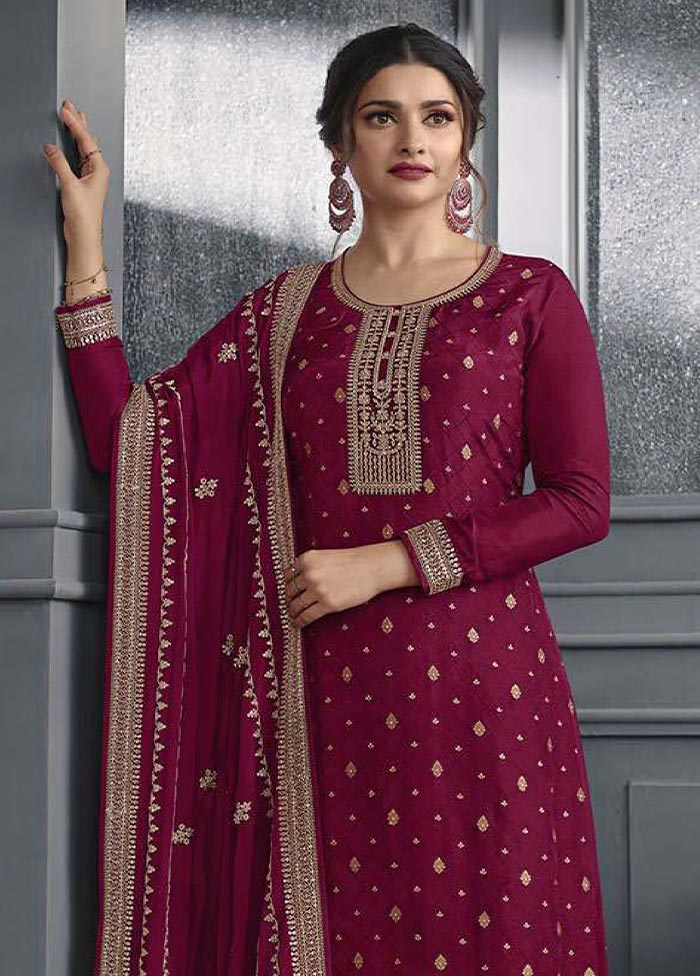 3 Pc Magenta Semi Stitched Silk Suit Set Best Wholesale For Sale