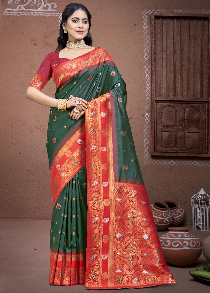 Bottle Green Dupion Silk Saree With Blouse Piece Cheap Sale Best Pices