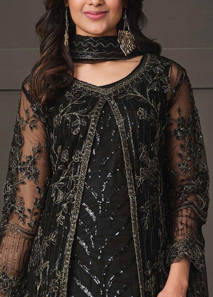 3 Pc Black Semi Stitched Net Suit Set Marketable Cheap Pice