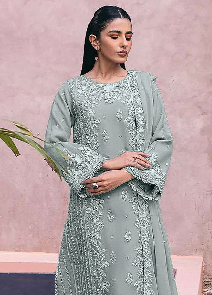 3 Pc Grey Semi Stitched Georgette Suit Set Deals Cheap Pice