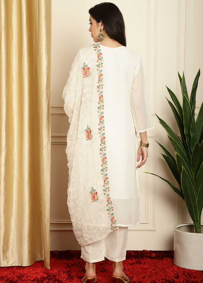 3 Pc Off White Unstitched Georgette Suit Set Outlet Genuine