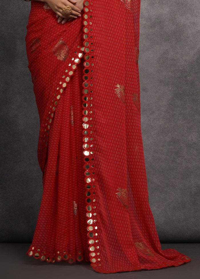 Red Chiffon Silk Saree With Blouse Piece Cheap For Cheap