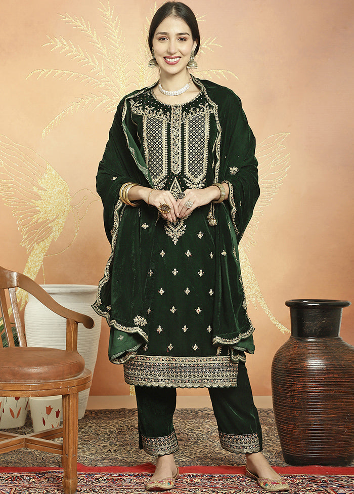 3 Pc Green Unstitched Velvet Suit Set Discount Shop