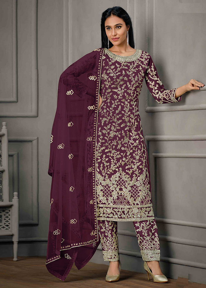 3 Pc Purple Semi Stitched Net Suit Set Cheap Sale Release Dates