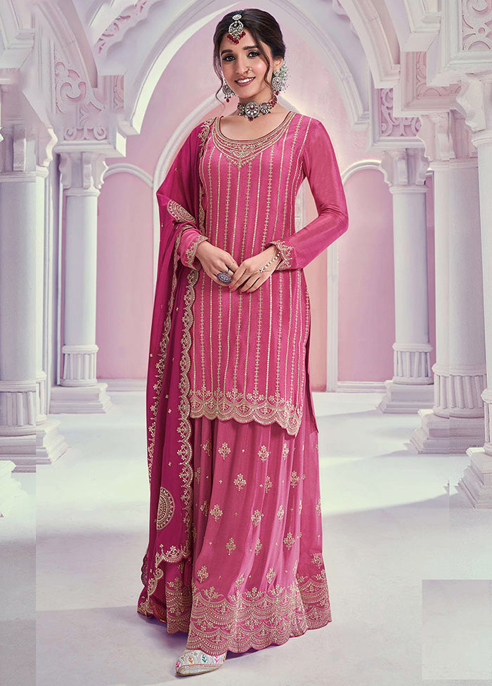 3 Pc Pink Semi Stitched Silk Dupatta Suit Set Buy Cheap Footlocker Pictures