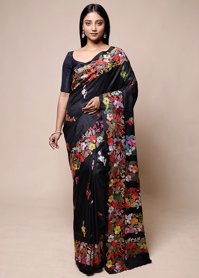 Black Handloom Kantha Stitch Pure Silk Saree With Blouse Piece Cheap Sale Geniue Stockist